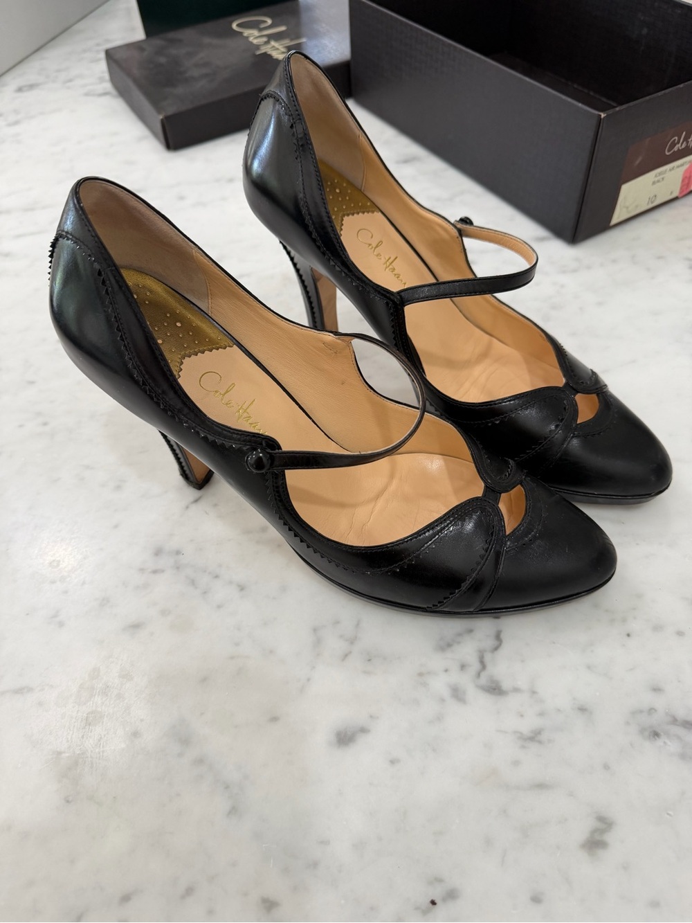 Cole Haan Black Leather Mary Jane Pumps with T-Strap